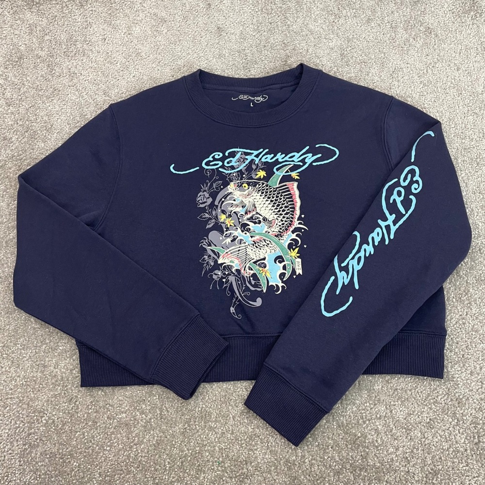Ed Hardy Cropped Sweatshirt Womens Large Navy Blue Koi Fish Graphic Y2K Koi Fish
